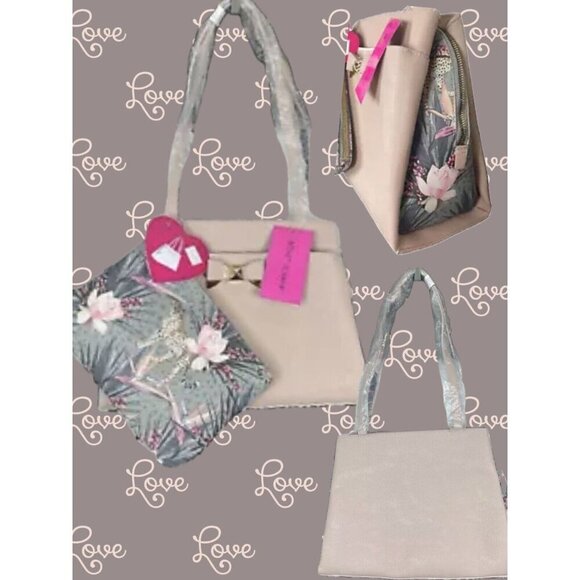 Betsey Johnson Pink Textured Zip Top Contrast Floral Dual Handle Satchel Handbag - Picture 1 of 8